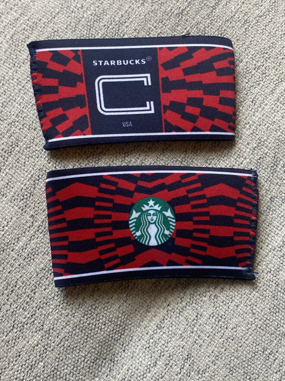 Starbucks FIFA USA Red and Black Geometric Reusable Cup Sleeve with Green Logo!!